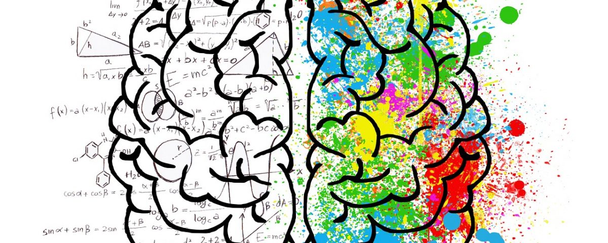 a drawing of the left and right hemisphere of the human brain. One side is coloured the other mathematical equations